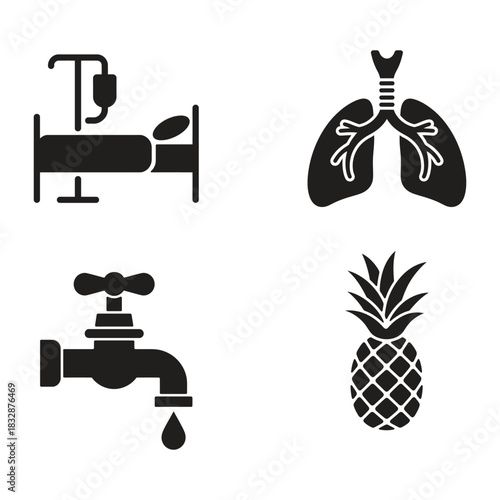 A set of black silhouette icons isolated on featuring a hospital bed, lungs, a water tap, and a pineapple, each representing different concepts