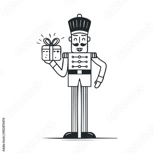 Bold line icon of a nutcracker soldier holding a gift.