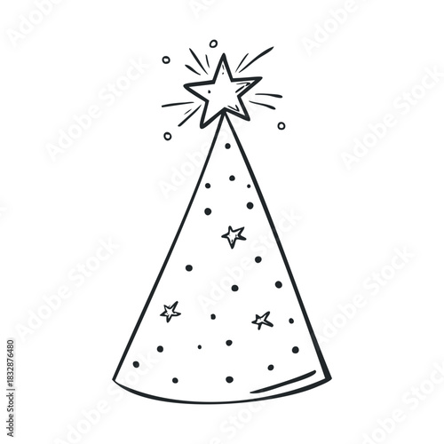 Hand drawn party hat decorated with stars and dots.