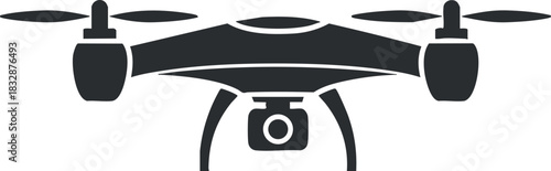 Minimalist black and white vector illustration of a drone with a camera, ideal for technology and innovation projects.