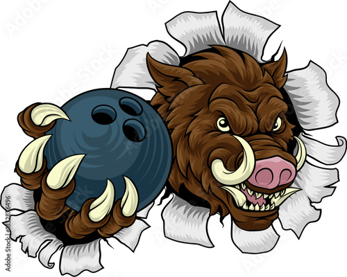 A wild boar, hog razorback warthog pig mean tough cartoon sports mascot holding a bowling ball