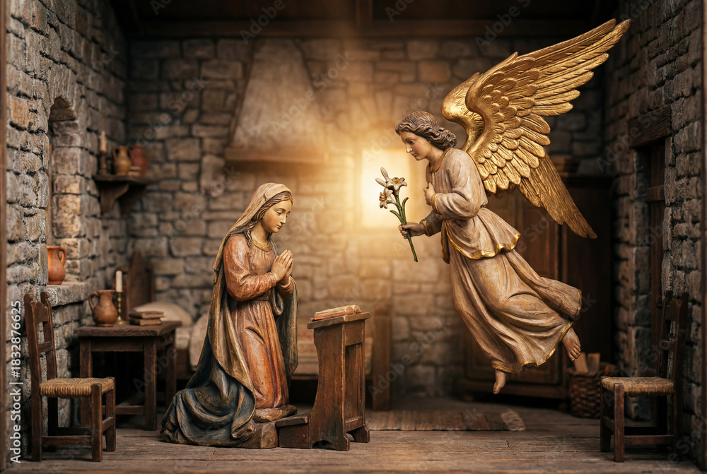 Naklejka premium The Annunciation scene with the Archangel Gabriel visiting the Virgin Mary. A religious depiction with divine light, sculpted figures, and a lily flower.