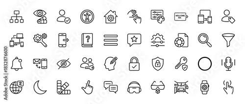 Technology and accessibility line icon set. Vector pictograms of settings, user profile, security, and mobile devices, thin linear illustration.