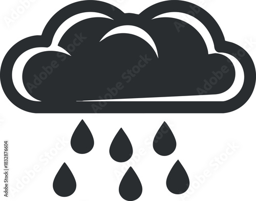 Minimalist black and white vector illustration of a rain cloud with drops, ideal for weather-related designs and applications
