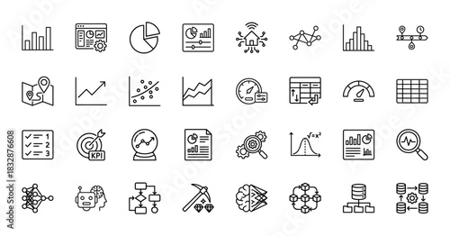 Data analysis and machine learning line icon set. Vector pictograms of charts, graphs, algorithms, and artificial intelligence, thin linear illustration.