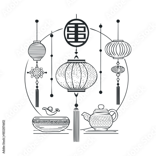 Intricate line drawing of hanging lanterns and tea ware.