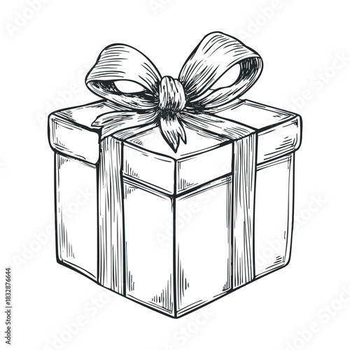 Perspective sketch of a ribbon wrapped gift box.