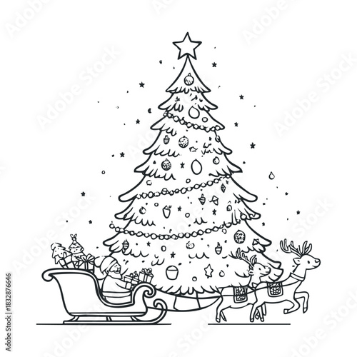 Santa's sleigh and reindeer next to a festive pine tree.