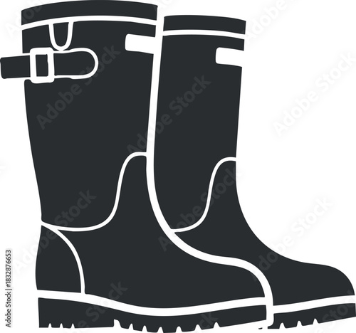 Stylized black silhouette vector illustration of rubber boots for outdoor activities, perfect for fashion or utility design projects