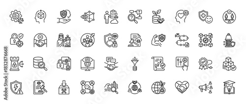 Artificial intelligence ethics and governance line icon set. Vector pictograms of balance, trust, safety, security, data, and compliance, thin linear illustration.