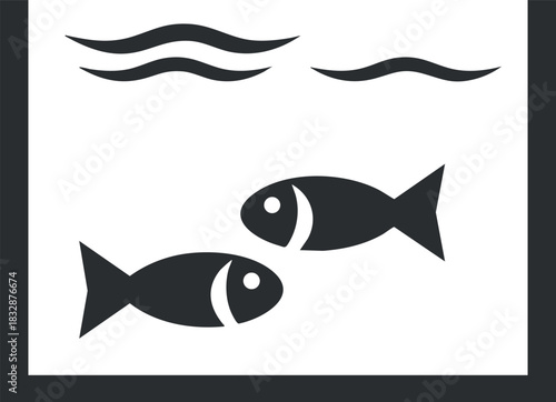 Minimalist black and white vector illustration of two fish swimming in water, suitable for nature and marine design projects