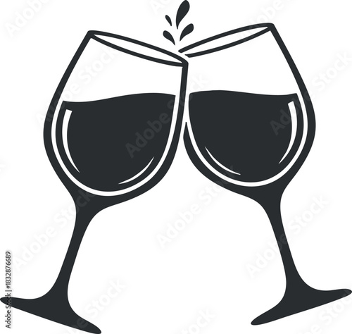 Minimalist black and white vector illustration of two wine glasses clinking together for celebration and toasting.
