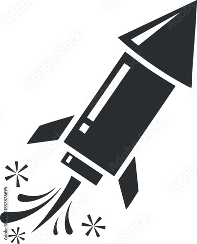 Stylized black and white vector illustration of a rocket launching with dynamic motion effects, perfect for technology and innovation themes.