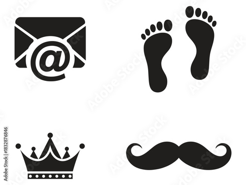Four icons isolated on email symbol with at sign, footprints, a crown with jewels, and a handlebar mustache in a simple, minimalist style