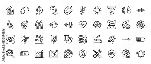 Smart home and health monitoring line icon set. Vector pictograms of air quality, heart rate, security, and battery, thin linear illustration.