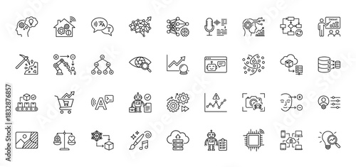 Artificial intelligence and machine learning line icon set. Vector pictograms of neural networks, data mining, robotics, and smart industry, thin linear illustration.