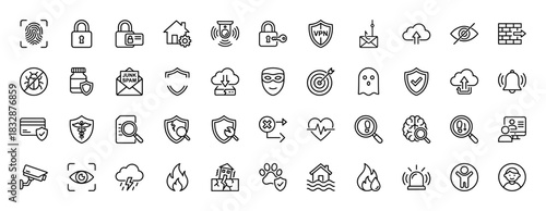 Security and protection line icon set. Vector pictograms of fingerprint scan, padlock, shield, cctv, and insurance, thin linear illustration.