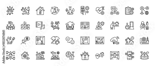 Smart home and internet of things line icon set. Vector pictograms of thermostat, security, automation, health, and solar energy, thin linear illustration.