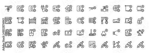 Smart home and automation line icon set. Vector pictograms of thermostat, fan, light, cleaner, and gate, thin linear illustration.