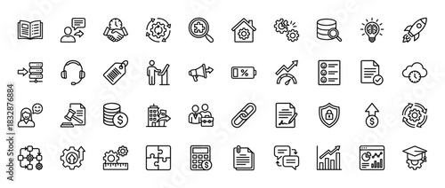 Business and finance line icon set. Vector pictograms of document, gear, graph, data, and money, thin linear illustration.