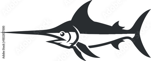 Stylized vector illustration of a marlin fish in a sleek, minimalist black design suitable for marine-themed branding and artwork