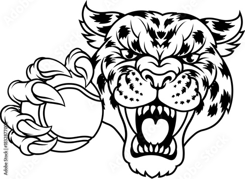 A jaguar, panther, leopard or cheetah wildcat spotted cat tennis sports team mascot holding a ball