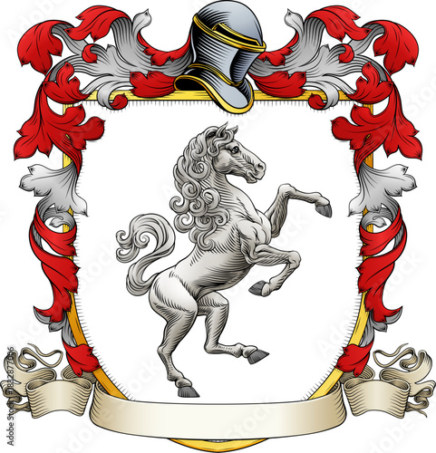 A horse coat of arms or crest family heraldry medieval heraldic knight shield with helmet and acanthus filigree scroll ornament in a vintage woodcut style.