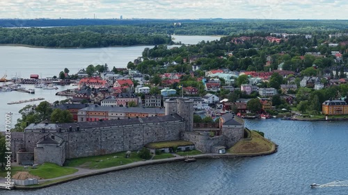 Aerial view of Vaxholm fortress and Vaxholm city, Stockholm County, Sweden. It occupies the islands of Vaxön and Kullö in the Stockholm archipelago.