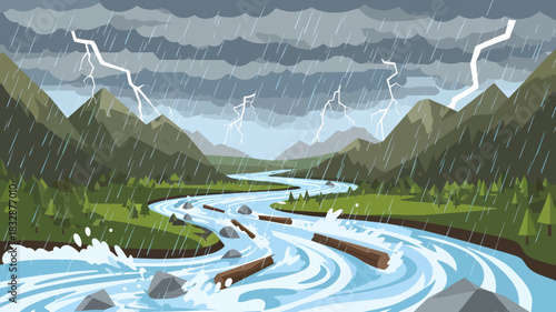 Intense storm unleashes heavy rain and vivid lightning over a turbulent river winding through majestic mountains, with logs and rocks caught in its powerful current