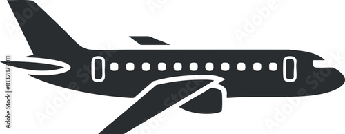 Minimalist black silhouette vector illustration of an airplane, ideal for travel and aviation-themed designs