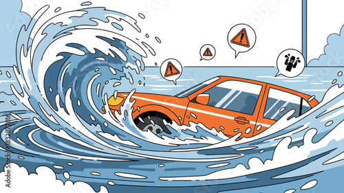 A powerful ocean wave engulfing a car, a conceptual illustration representing the catastrophic impact of flooding, storms, and climate-related disasters