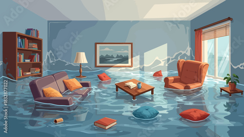 Cartoon illustration of a flooded living room with furniture floating in deep water, symbolizing home property damage and disaster