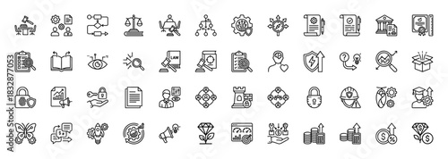 Business and legal line icon set. Vector pictograms of scales, gavel, flowchart, strategy, document, target, rocket and chart, thin linear illustration.
