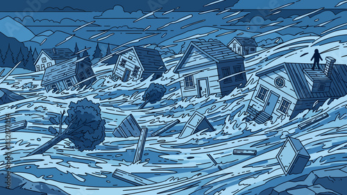 Catastrophic flood disaster illustration, with houses swept away by powerful currents and a lone survivor on a rooftop, depicting nature's destructive force