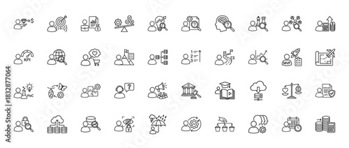 Business and strategy line icon set. Vector pictograms of kpi, target, analysis, growth, planning, and security, thin linear illustration.