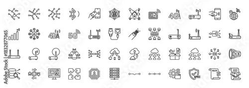 Technology and communication line icon set. Vector pictograms of networking, wireless devices, servers, and data concepts, thin linear illustration.