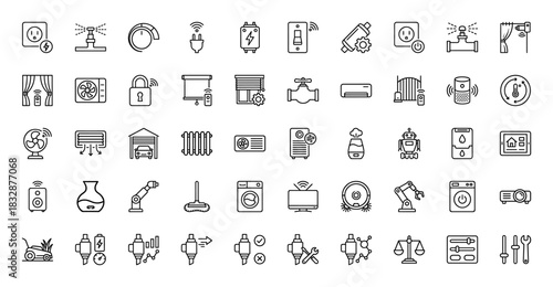 Smart home automation line icon set. Vector pictograms of thermostat, plug, lock, fan, air conditioner, robot vacuum, speaker, blinds, heater, thin linear illustration.