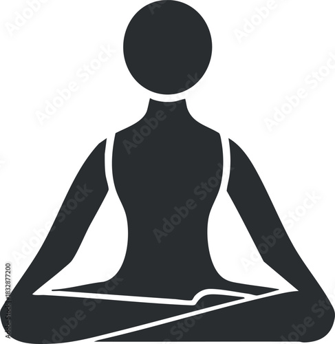 Minimalist black and white vector illustration of a meditative figure, ideal for wellness and mindfulness projects