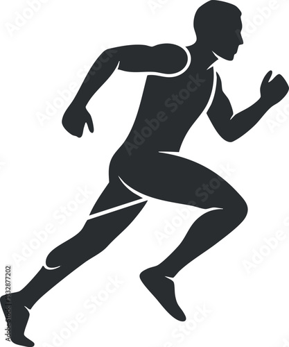 Black silhouette of a running man in motion, sprinting athlete icon isolated on white background.
