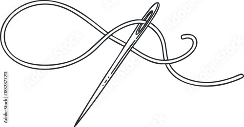 Minimalist line art illustration of a needle and thread, perfect for crafting and sewing projects