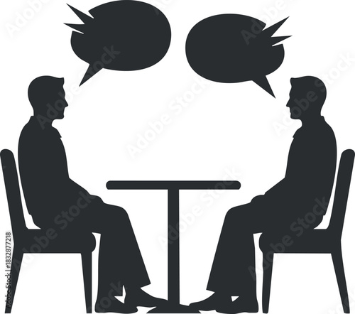 Minimalist black and white vector illustration of two people in conversation at a table, ideal for business and communication themes