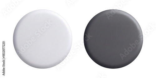 Round 3D push button mockup of white and black color isolated on white. Monochrome plastic circle for badge pin or fridge magnet in realistic style. Empty vector template for branding or icon design.