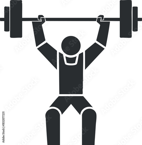 Minimalist black and white vector illustration of a person lifting a barbell, symbolizing fitness and strength training