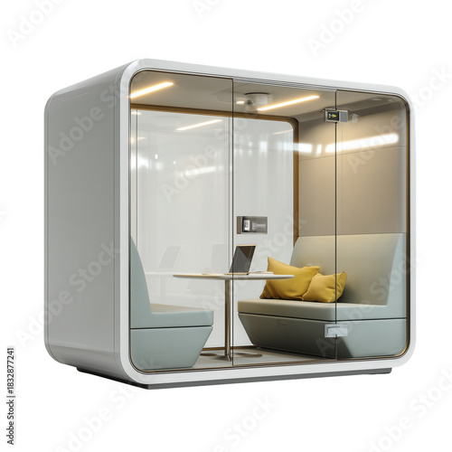 Modern private office pod with glass walls and comfortable seating isolated on transparent background