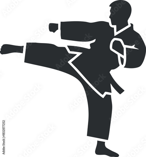 Dynamic silhouette vector illustration of a karate practitioner executing a high kick, ideal for sports and fitness design projects