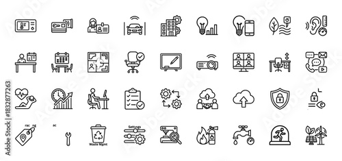 Business and technology line icon set. Vector pictograms of car sensors, waste management, security, and smart devices, thin linear illustration.