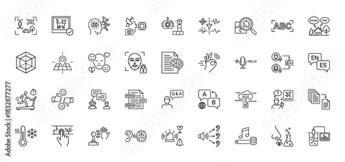 Artificial intelligence and machine learning line icon set. Vector pictograms of face recognition, q&a, language translation, and sensory input, thin linear illustration.