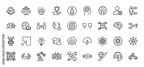 Artificial intelligence line icon set. Vector pictograms of machine learning, robot, data cloud, and computing, thin linear illustration.