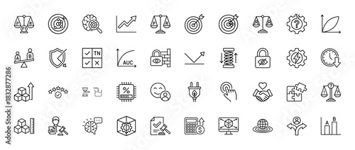 Business and data analysis line icon set. Vector pictograms of scales, gears, charts, targets, and security, thin linear illustration.