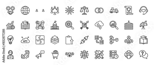 Business and technology line icon set. Vector pictograms of handshake, coding, people, artificial intelligence, and graphs, thin linear illustration.